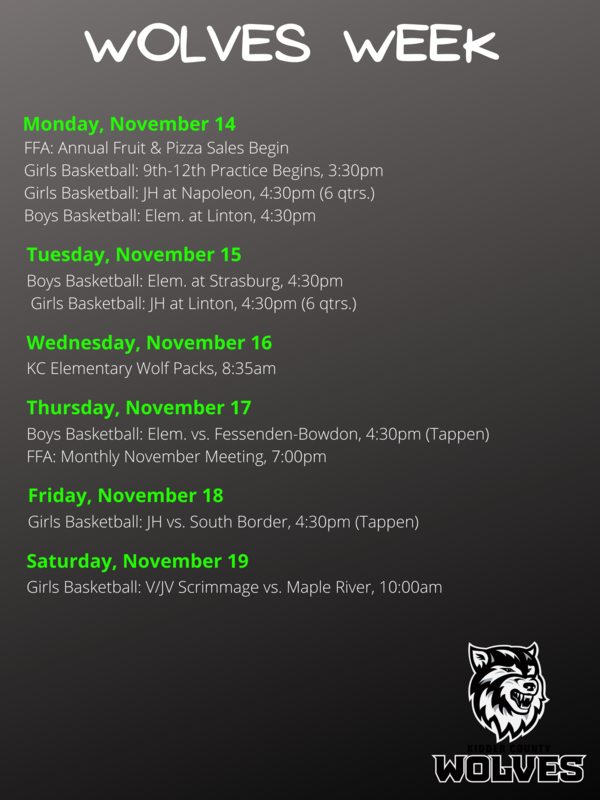 Wolves Weekly Schedule November 1420 Kidder County School District 1